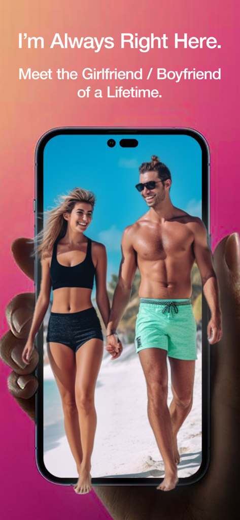 Her: The Virtual AI Girlfriend - A mobile phone screen displaying a couple holding hands on a beach with promotional text for an AI companion app