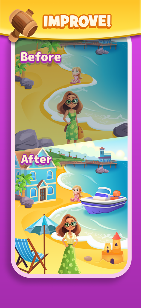 Comparación lado a lado que muestra la mejora de la playa y la decoración del hogar en Tile Tap Master