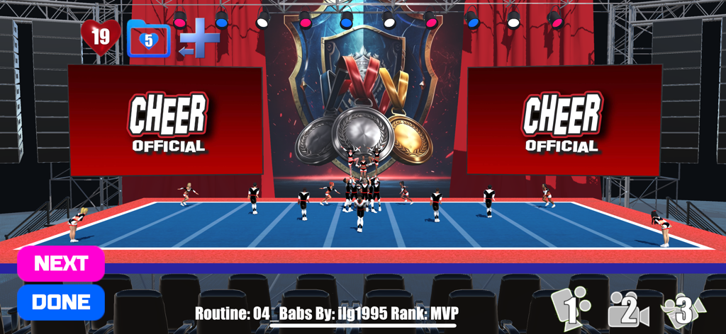 CHEER Official 3D - A 3D virtual cheerleading squad performing a routine on a blue competition mat with large arena screens.