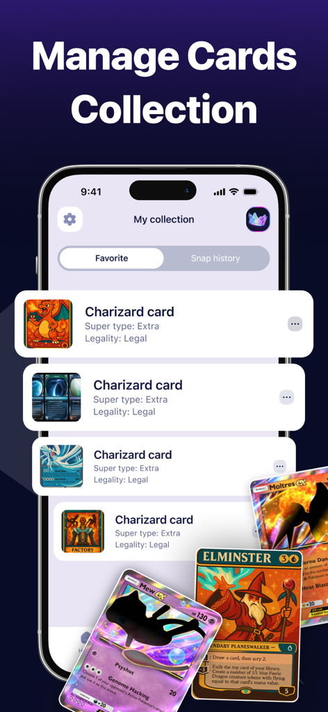 TCGSnap: Card Value Scanner - TCGSnap app interface showing a digital collection of trading cards including Charizard and Mew ex
