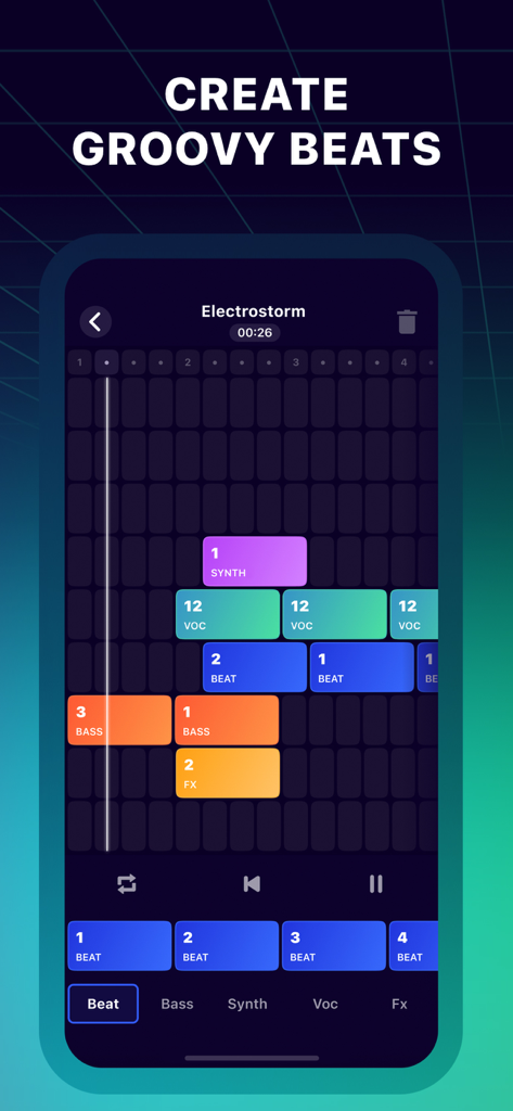 Interface de l'application Beat Jam montrant une grille de séquenceur musical avec des blocs de boucles audio colorés pour la création de rythmes.