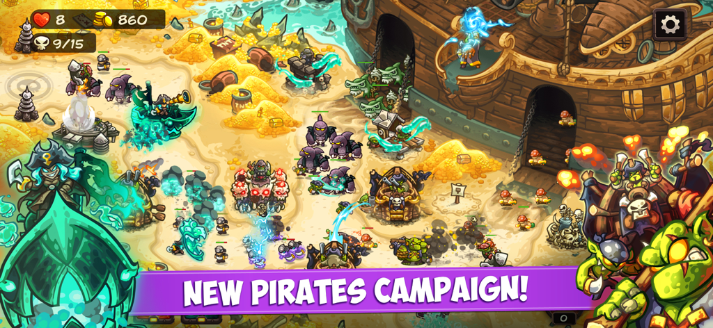 Kingdom Rush Vengeance TD gameplay screenshot showing a battle in the new pirates campaign with towers and heroes