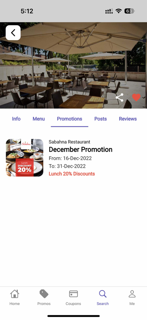 WOWme+ - WOWme 플러스 앱에 Sabahna 레스토랑에서 20% 점심 할인이 표시됩니다.