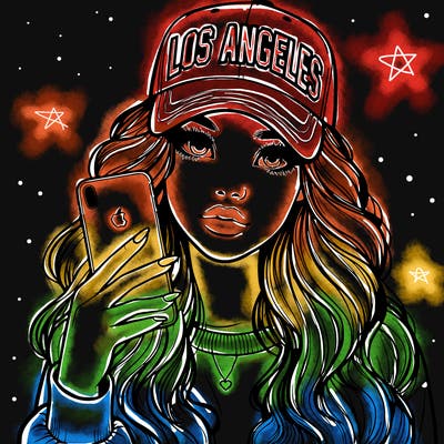 realistic beautiful girl wearing los ángeles cap holding an iphone