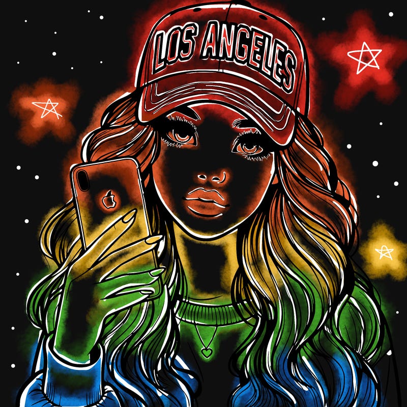 realistic beautiful girl wearing los ángeles cap holding an iphone