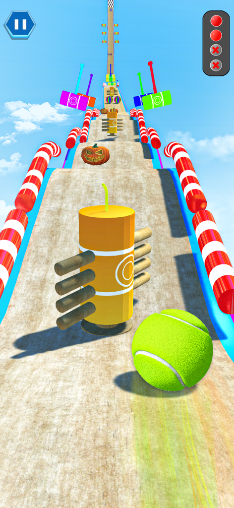Hit Rolling Ball: Ball Game 3D - A 3D tennis ball navigating a sky-high obstacle course with rotating cylinders and colorful hammers.