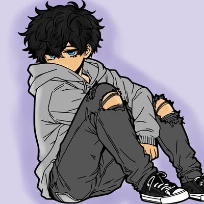 a male hoddie ripped jeans messy hair anime