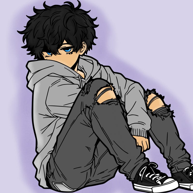 a male hoddie ripped jeans messy hair anime
