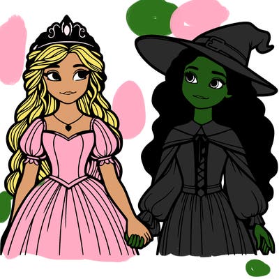 a princess and a witch holding hands realistic