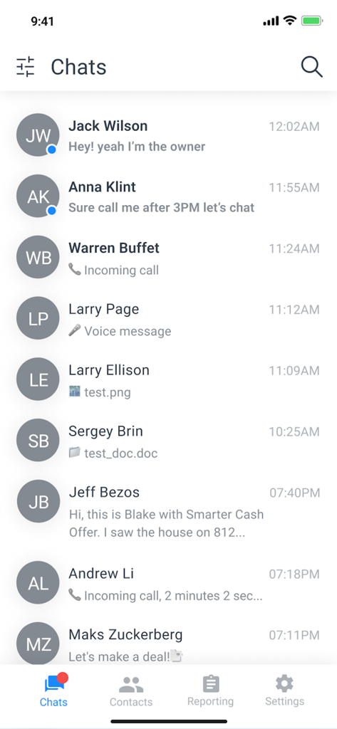 Smarter Contact - Mobile app interface of Smarter Contact showing a list of business SMS chats and message previews