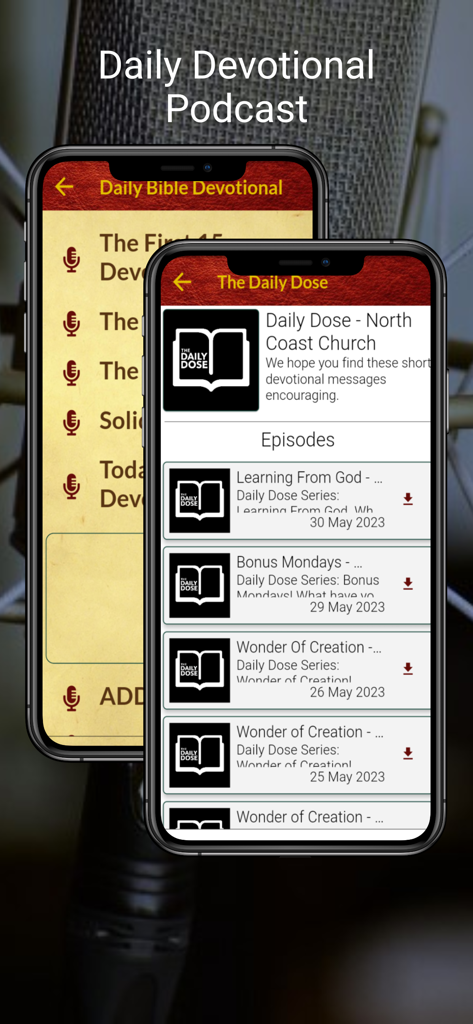 BBE Basic English Bible - Lista de episodios de podcasts devocionales diarios de la aplicación BBE Bible en pantalla de móvil