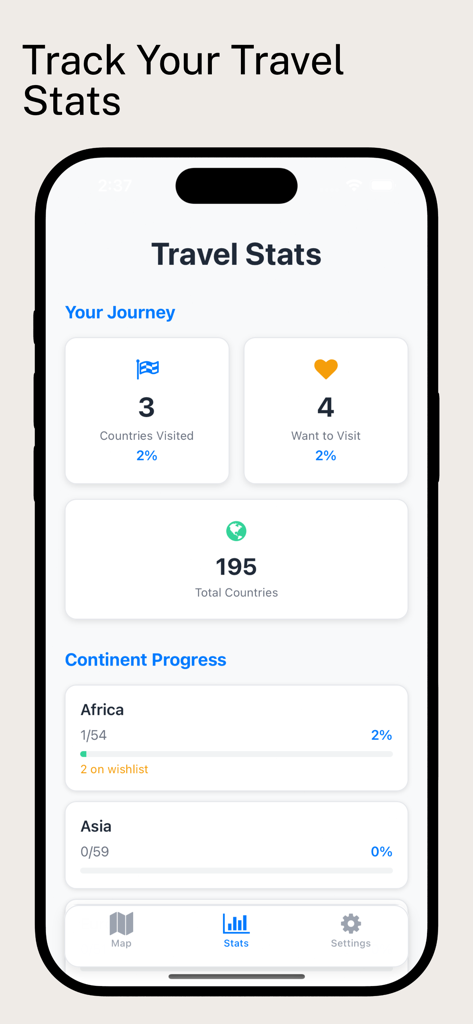 World Country Tracker Been-Map - Travel statistics dashboard showing countries visited and continent progress tracking