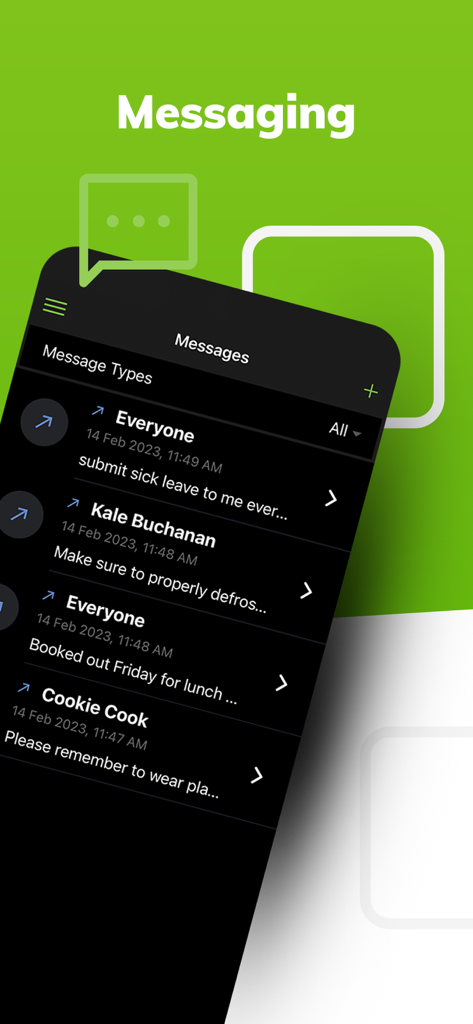 Safe Food Pro - Safe Food Pro app messaging screen showing internal staff communication and food safety reminders.