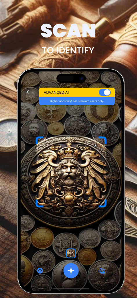 The Antiker app scanning an antique coin using advanced AI to identify it.