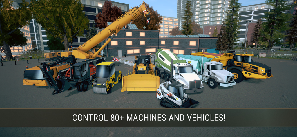 Construction Simulator 4 Lite - A variety of licensed heavy machinery including cranes, bulldozers, and trucks parked at a construction site.