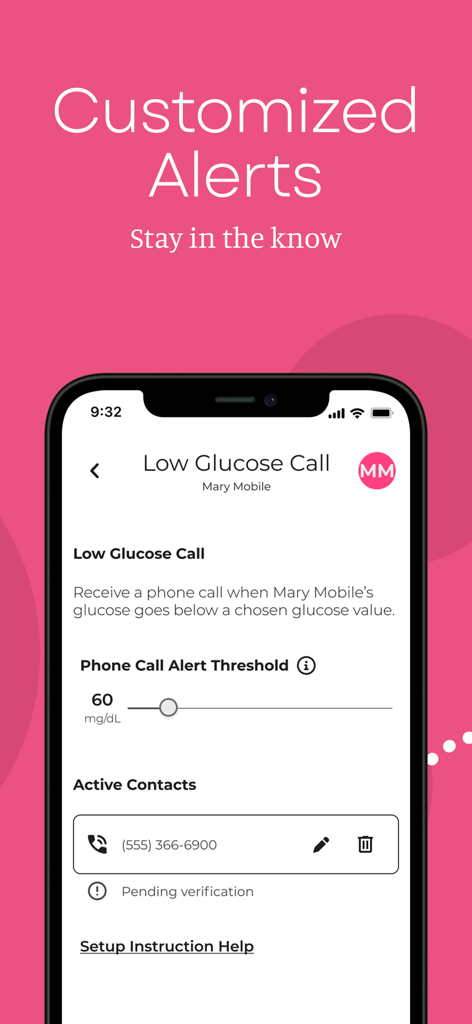 Smartphone screen showing Sugarmate app customized low glucose call settings