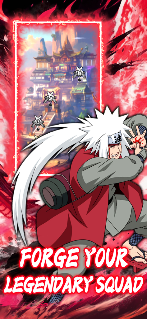 Shinobi Saga - A white haired anime ninja character in front of a Japanese castle with the text Forge Your Legendary Squad