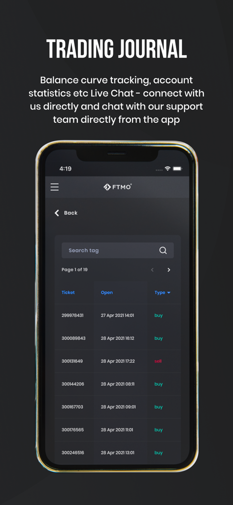 FTMO - Modern Prop Trading - Diario di trading dell'app mobile FTMO che mostra la cronologia e i ticket delle operazioni