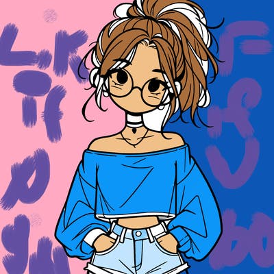 girl with a messy ponytail glasses a baggy crop top and jean shorts