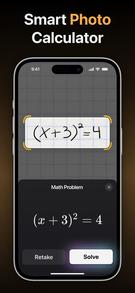 Pantalla de iPhone que muestra la función de calculadora fotográfica inteligente capturando una ecuación algebraica en papel para resolver