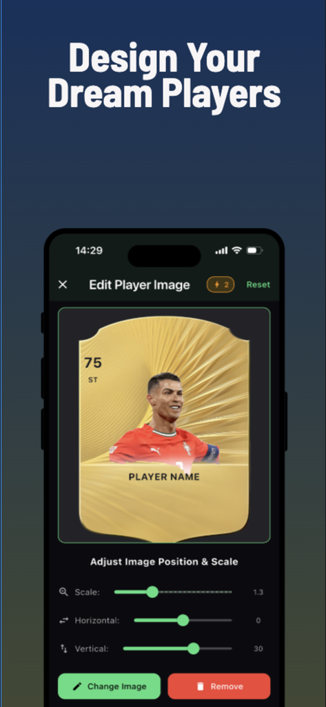 FC 26 Ai Card Generator - Mobile app interface for editing and scaling a player photo on a custom FC 26 Ultimate Team gold card