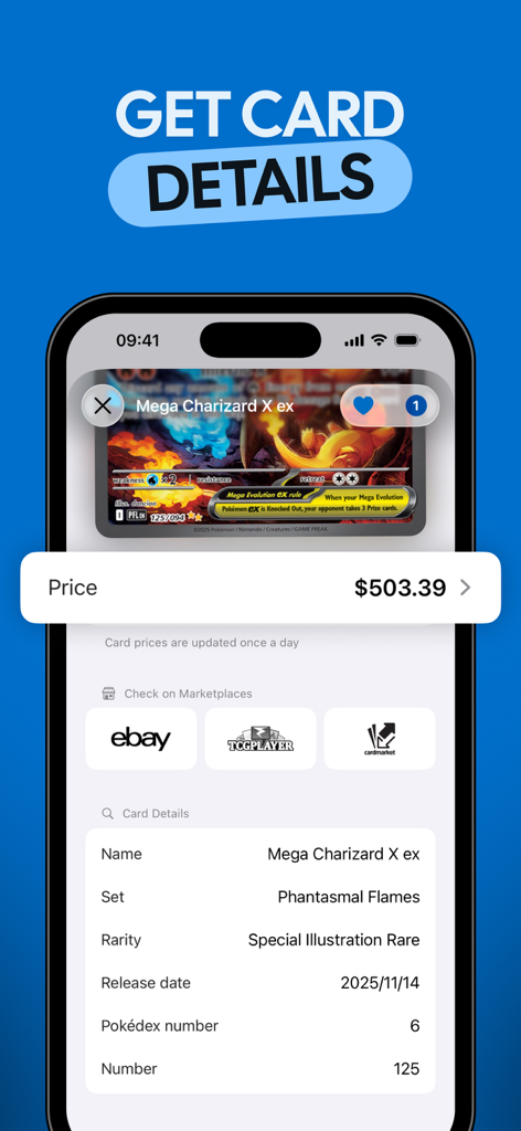 Poke Card Value Scanner TCG - Mobile app screen showing market price and detailed information for a Mega Charizard X ex card