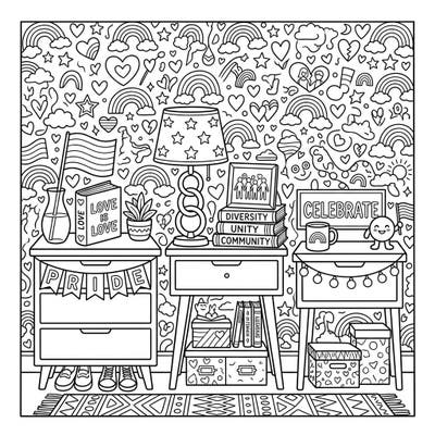 Dive into a vibrant celebration of love and diversity with this detailed coloring page featuring three cozy nightstands adorned for Pride Month. Perfect for teens, this design combines intricate elements with powerful symbols of acceptance and community.