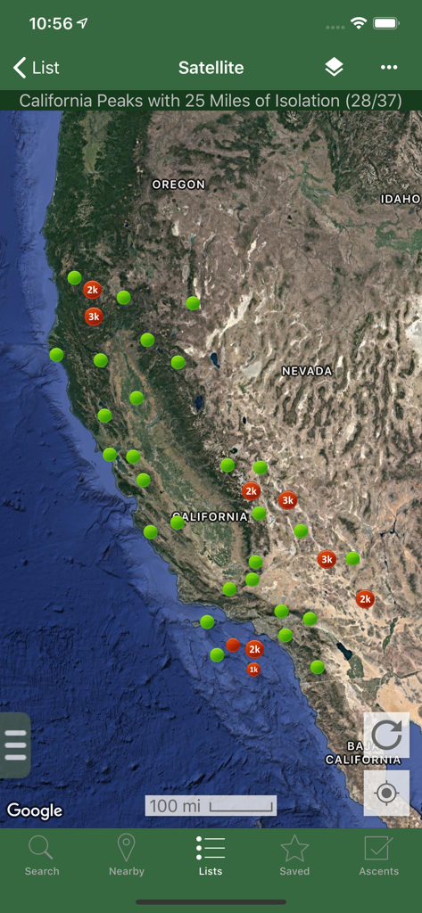 Peakbagger - Satellite map of California peaks with isolation markers in the Peakbagger app