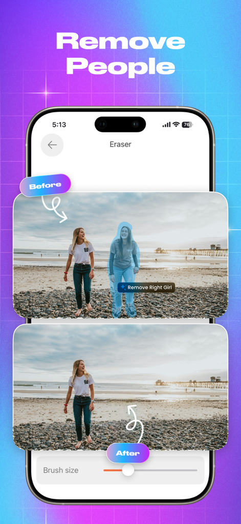 Photo Removerアプリを使用してビーチ写真から人物を削除した、前後の比較。