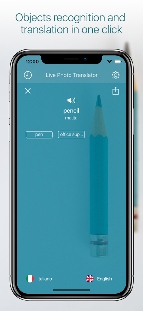 Camera Photo Translator HD - Smartphone app interface identifying a blue pencil and providing its Italian translation