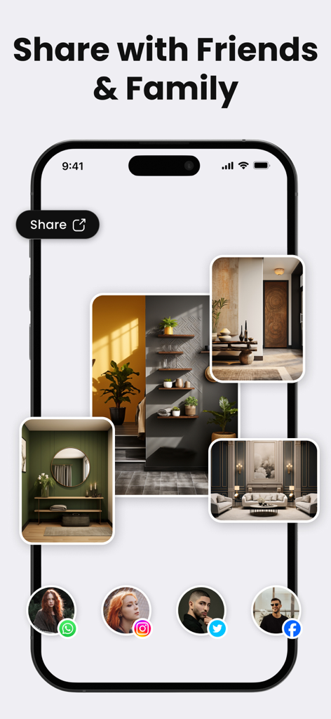 AI Interior Design - Interia - Interface do aplicativo Interia mostrando um recurso de compartilhamento com amigos e familiares com vários resultados de design de cômodos e ícones de contato de mídia social.