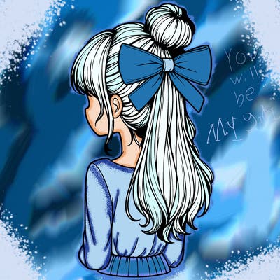 realistic girl  with hip length hair a bun and a big bow on the back of head