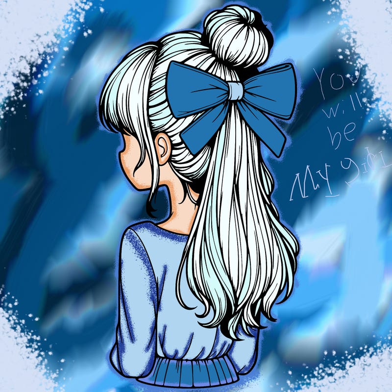 realistic girl  with hip length hair a bun and a big bow on the back of head