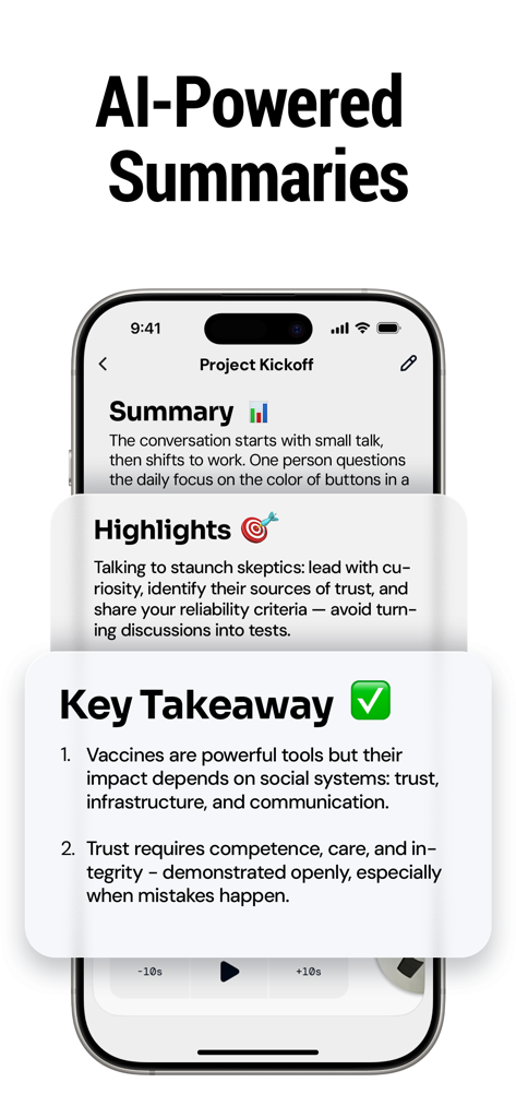 Benote app screen displaying AI-generated meeting summaries and key takeaways