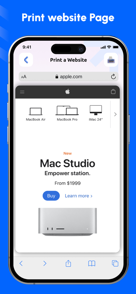 Oberfläche der Smart Printer App, die zeigt, wie eine Website für den drahtlosen Druck auf einem Smartphone vorbereitet wird