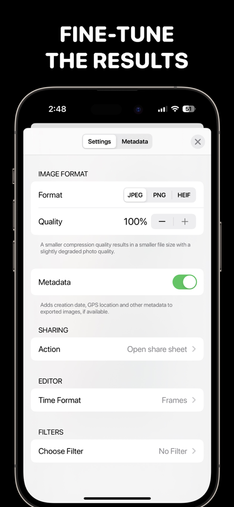 Frame Grabber - Interfaz de la aplicación Frame Grabber para ajustar el formato y la calidad de exportación de imágenes