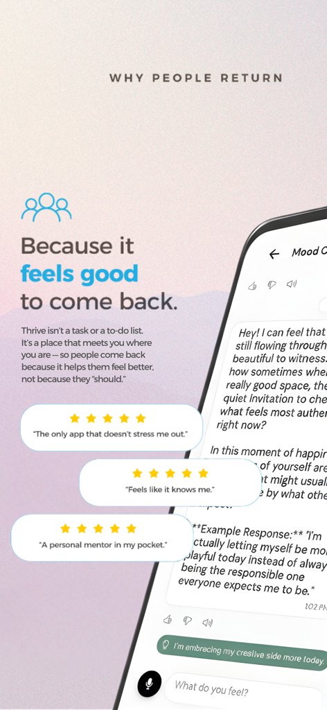 Thrive AI — Your daily guide - Thrive AIアプリのインターフェース。ユーザーレビューと感情サポートのためのAIチャットを表示