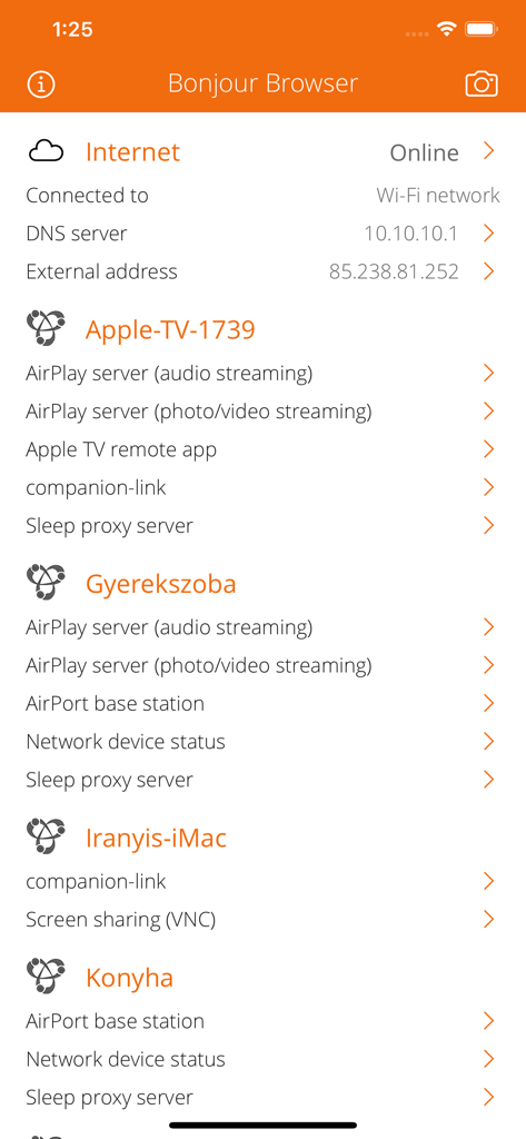 Interfaz de la aplicación Service Browser que muestra una lista de servicios de red Bonjour descubiertos, incluyendo AirPlay y pantalla compartida