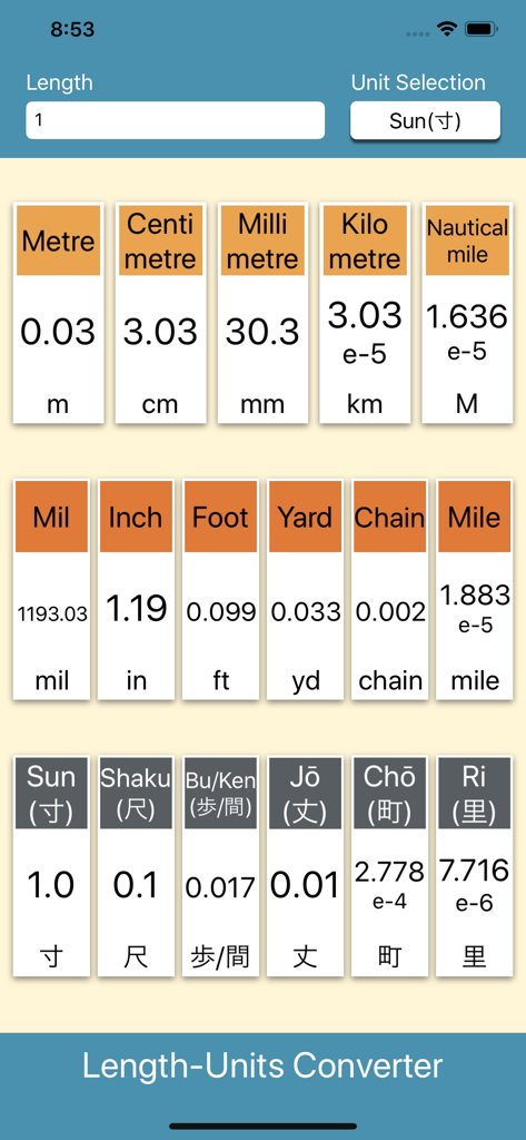 Length-Units Converter - 길이 단위 변환기 앱의 인터페이스에서 일본식 1촌을 17가지 다른 미터법, 야드파운드법 및 전통 일본식 길이 단위로 변환하는 것을 보여줌