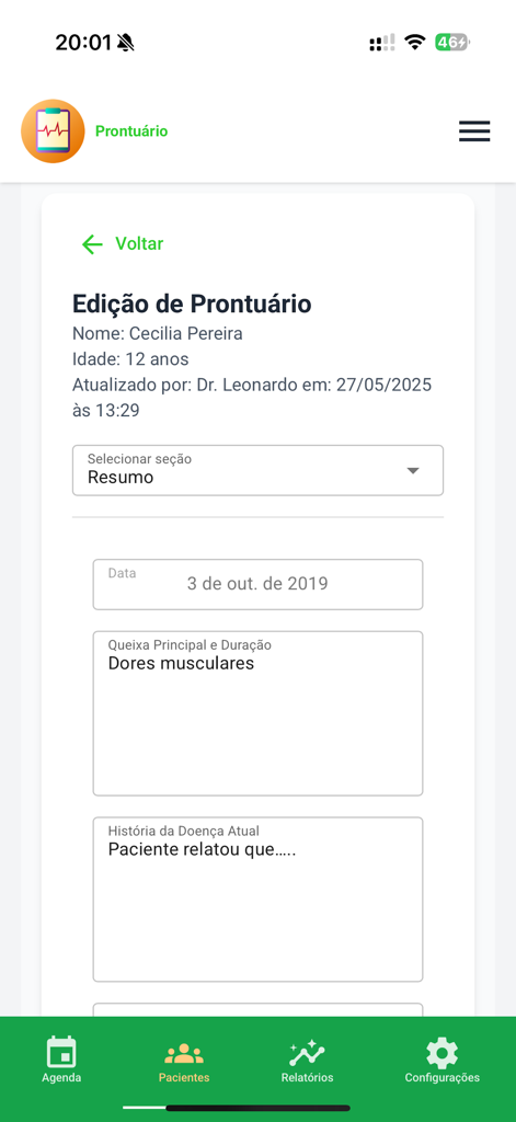 Meus Pacientes Online - Electronic medical record editing screen in the Meus Pacientes Online app