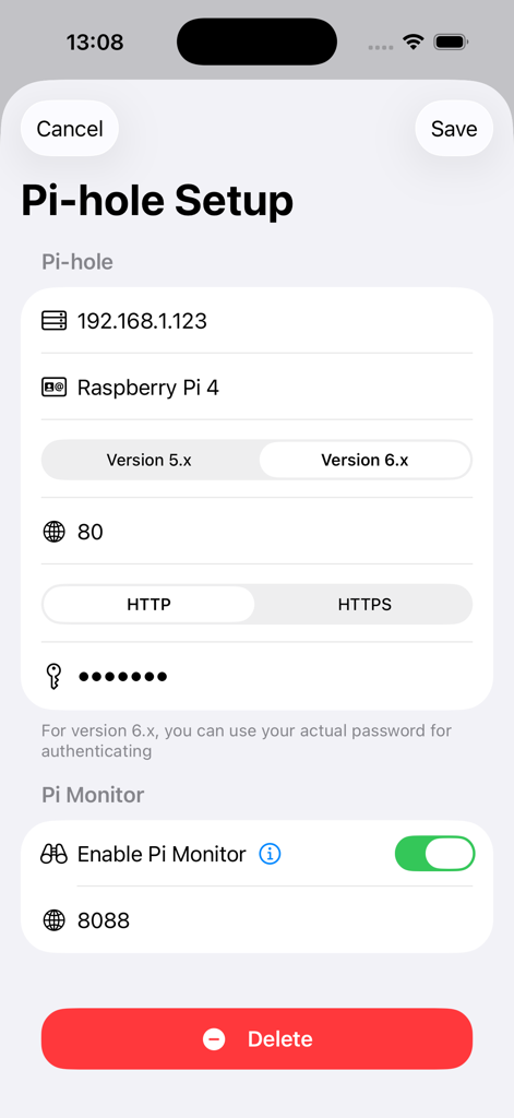 Pi Stats Mobile - Pantalla de configuración para Pi-hole mostrando la dirección IP y las opciones de Pi Monitor
