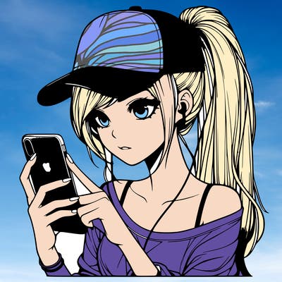 realistic girl with a long ponytail and trucker hat holding an iphone