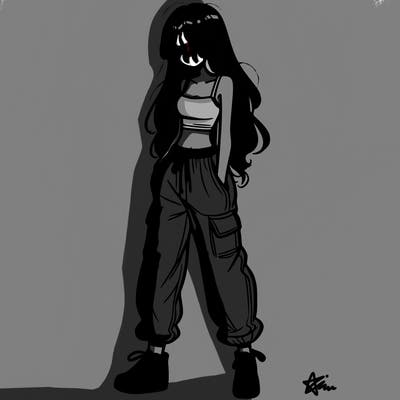 girl in baggy pants crop top and long hair