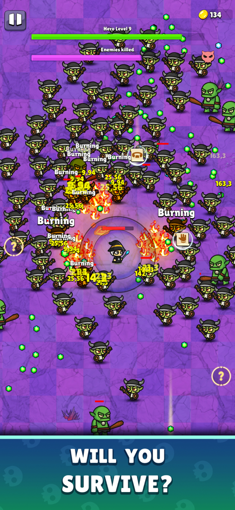 Rise of Necromancer - Un personaje nigromante usando hechizos de fuego para luchar contra una horda masiva de enemigos en una arena de RPG de supervivencia 2D