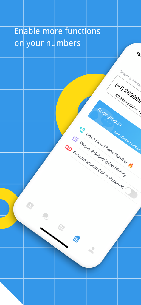 TeleMe – Record on 2nd Number - Interface of the TeleMe app showing options for managing a second virtual phone number and call forwarding.