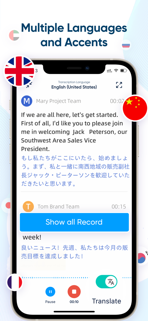 iRecord app interface displaying real-time transcription and translation between English and Japanese with various national flags