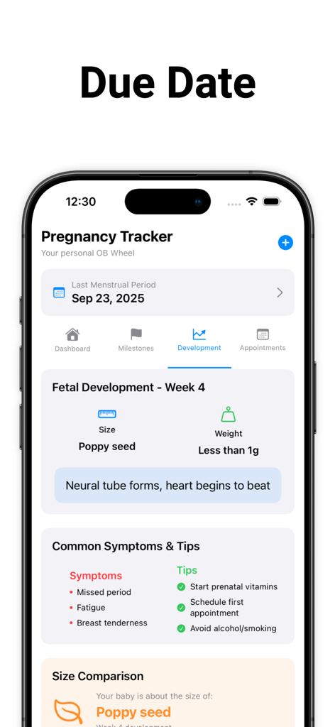 OB Pregnancy Calculator - A screenshot of the OB Pregnancy Calculator app displaying fetal development milestones and common symptoms for week 4 of pregnancy.