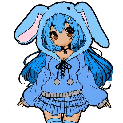 pretty anime girl wearing a fluffy hoodie with bunny ears on the hood and a skirt