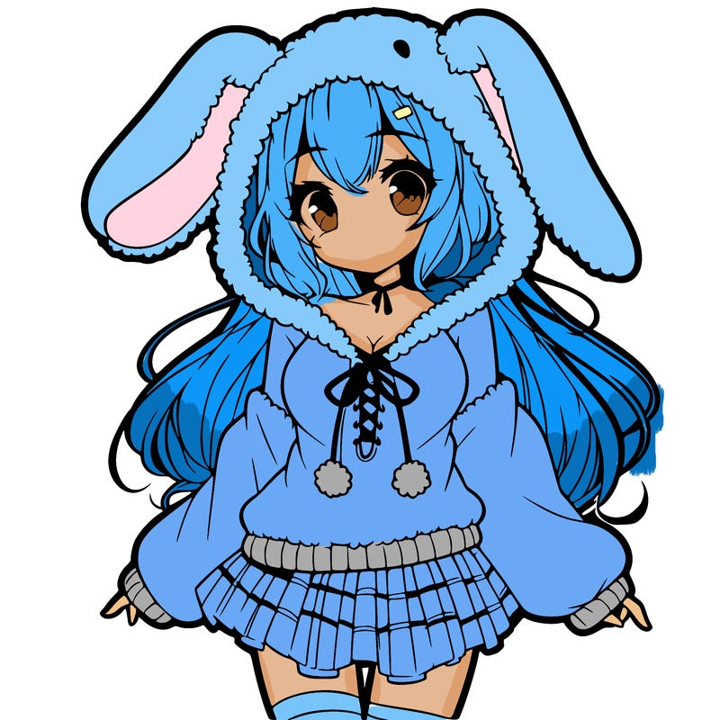 pretty anime girl wearing a fluffy hoodie with bunny ears on the hood and a skirt