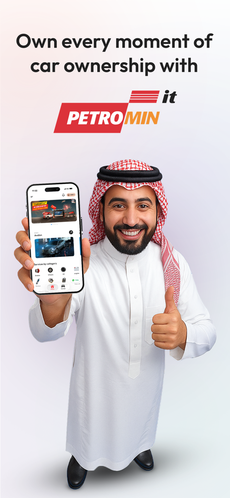 A man in traditional attire holding a smartphone displaying the PETROMINit app interface and giving a thumbs up